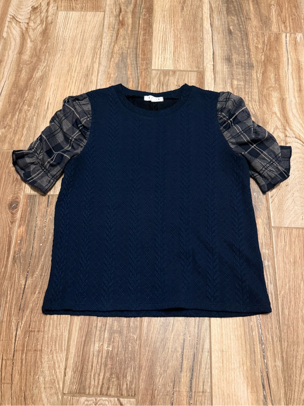 THML Cable Sweater with Puffy Plaid Sleeves Top